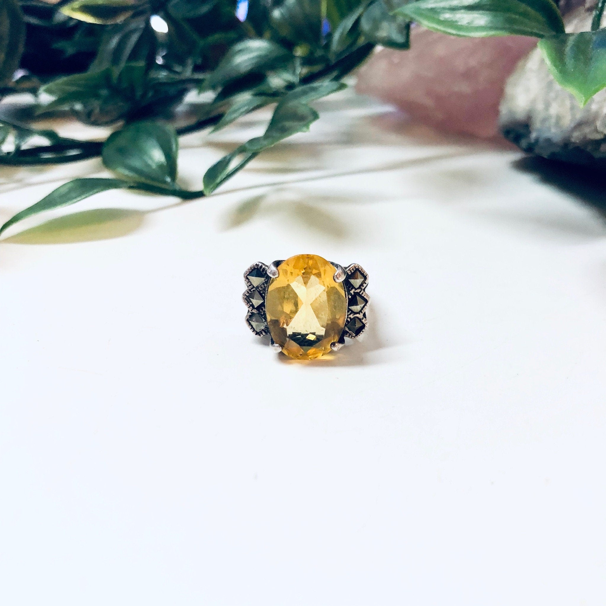 Vintage Silver Ring, Citrine Ring, Oval Cut Gemstone, Marcasite Jewelry, Vintage Jewelry, Promise Ring, Engagement Jewelry, Statement Ring