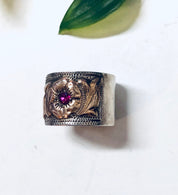 Vintage Silver Ring, Flower Design, Red Stone, Ruby Ring, Floral Design, Thick Band, Band Ring, Vintage Jewelry, July Birthstone, Rose Gold