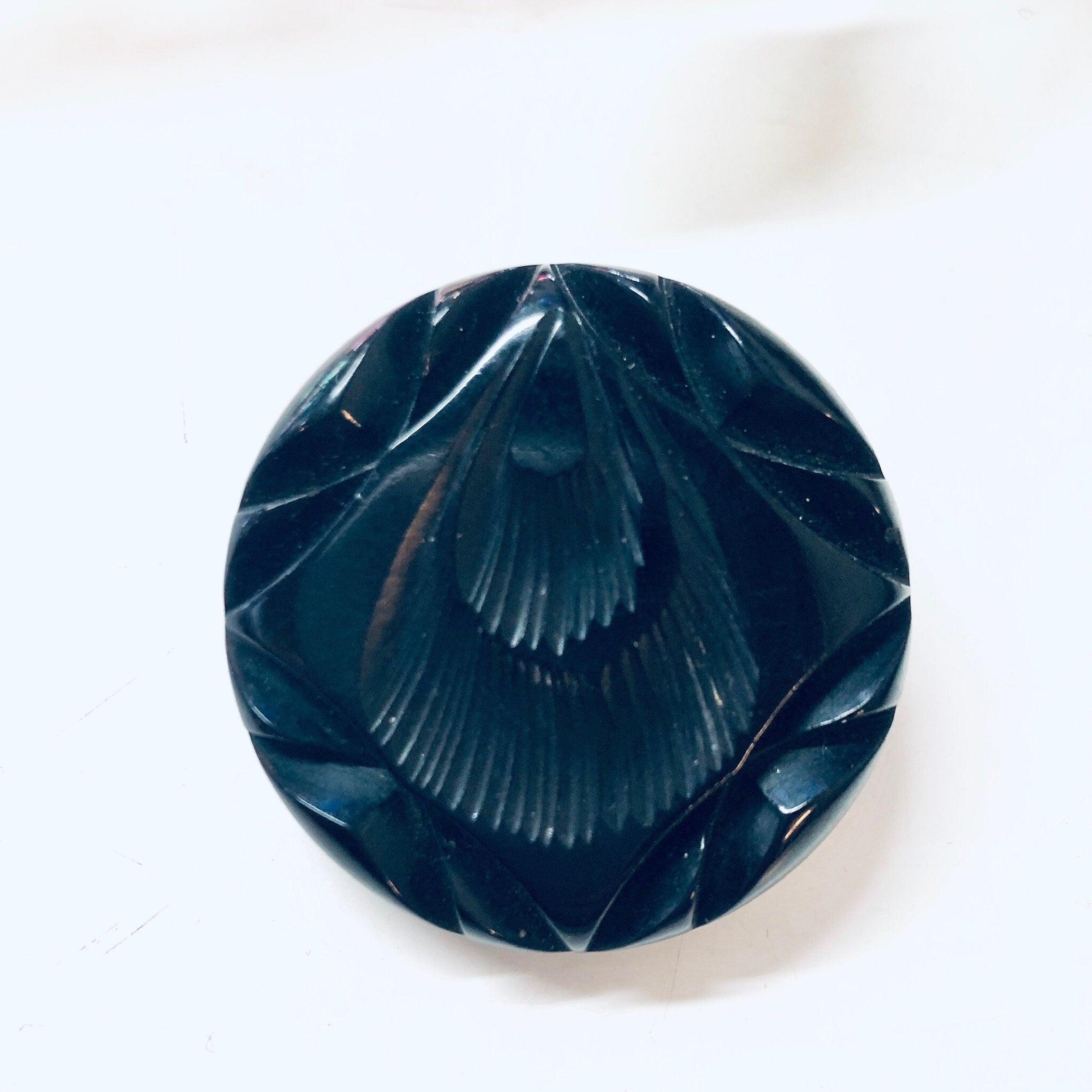 Round vintage 1930s black carved Bakelite mourning brooch or pin