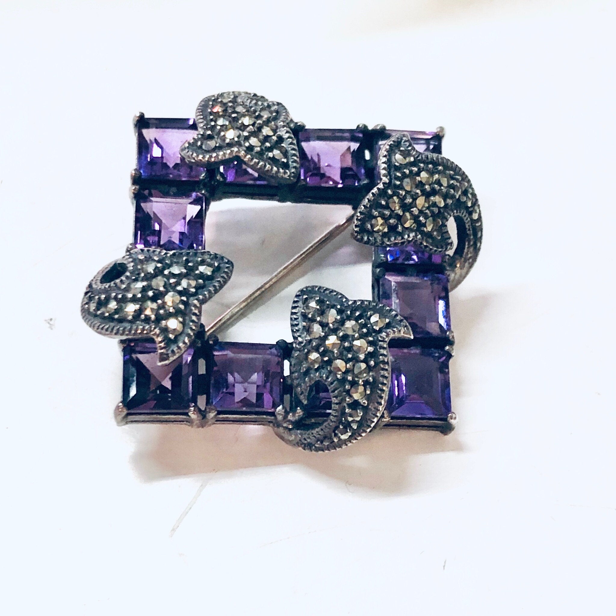 Vintage Silver Brooch, Amethyst Brooch, Marcasite Jewelry, Vintage Jewelry, Square Brooch, Vintage Pin, Square Amethyst Stones, Purple