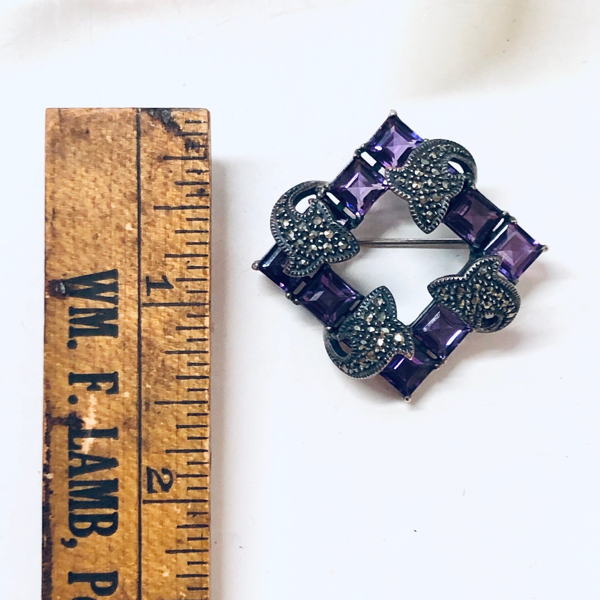 Vintage Silver Brooch, Amethyst Brooch, Marcasite Jewelry, Vintage Jewelry, Square Brooch, Vintage Pin, Square Amethyst Stones, Purple