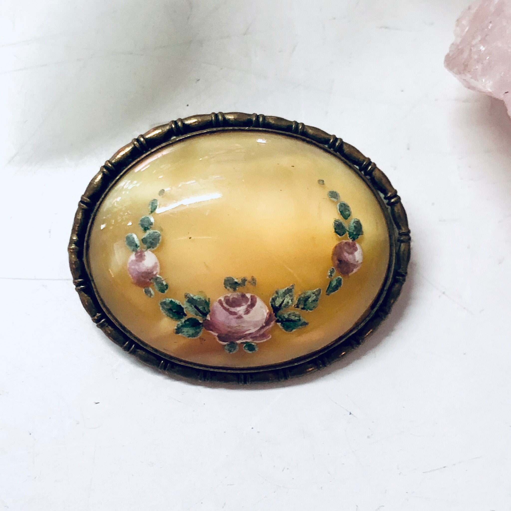 Vintage Brooch, Floral Brooch, Vintage Jewelry, Small Pin, Vintage Pin, Brass Toned, Yellow, Pink, Green, Costume Jewelry, Statement Jewelry