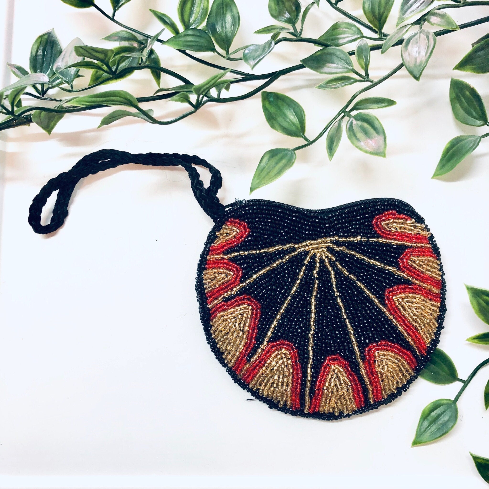 Vintage Purse, Beaded Purse, Small Bag, Evening Bag, Beaded Handbag, Black Beads, Gold Beads, Red Beads, Change Purse, Beaded Wallet, Beads