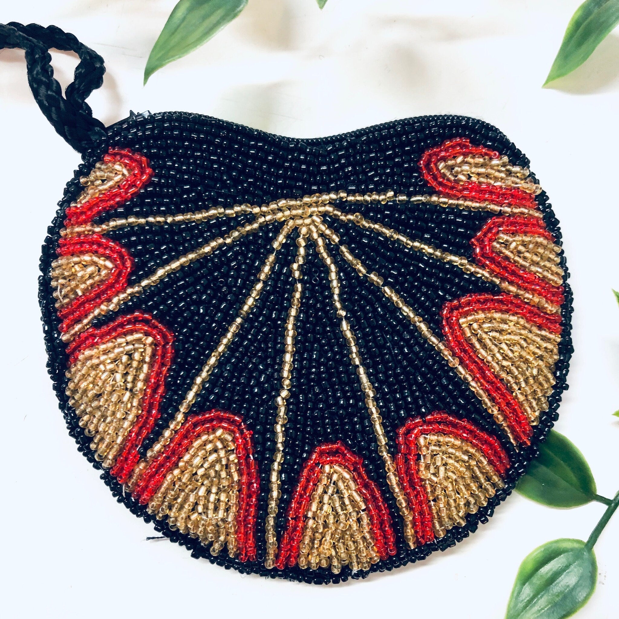 Vintage Purse, Beaded Purse, Small Bag, Evening Bag, Beaded Handbag, Black Beads, Gold Beads, Red Beads, Change Purse, Beaded Wallet, Beads