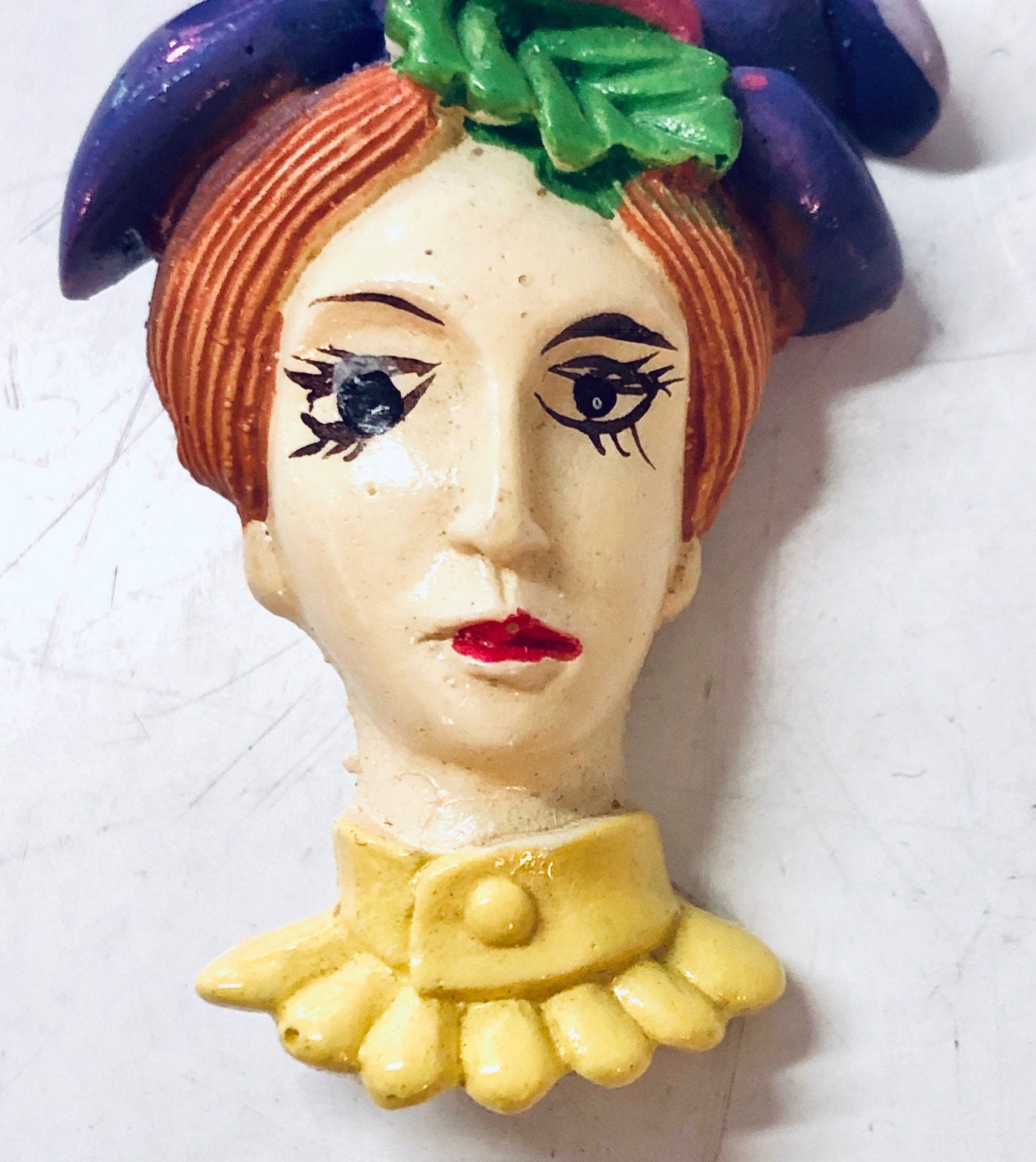 Vintage Brooch, Lady Face Brooch, Unique Jewelry, Vintage Jewelry, Vintage Pin, Purple Jewelry, Yellow Jewelry, Woman Face Pin, Unique Gift