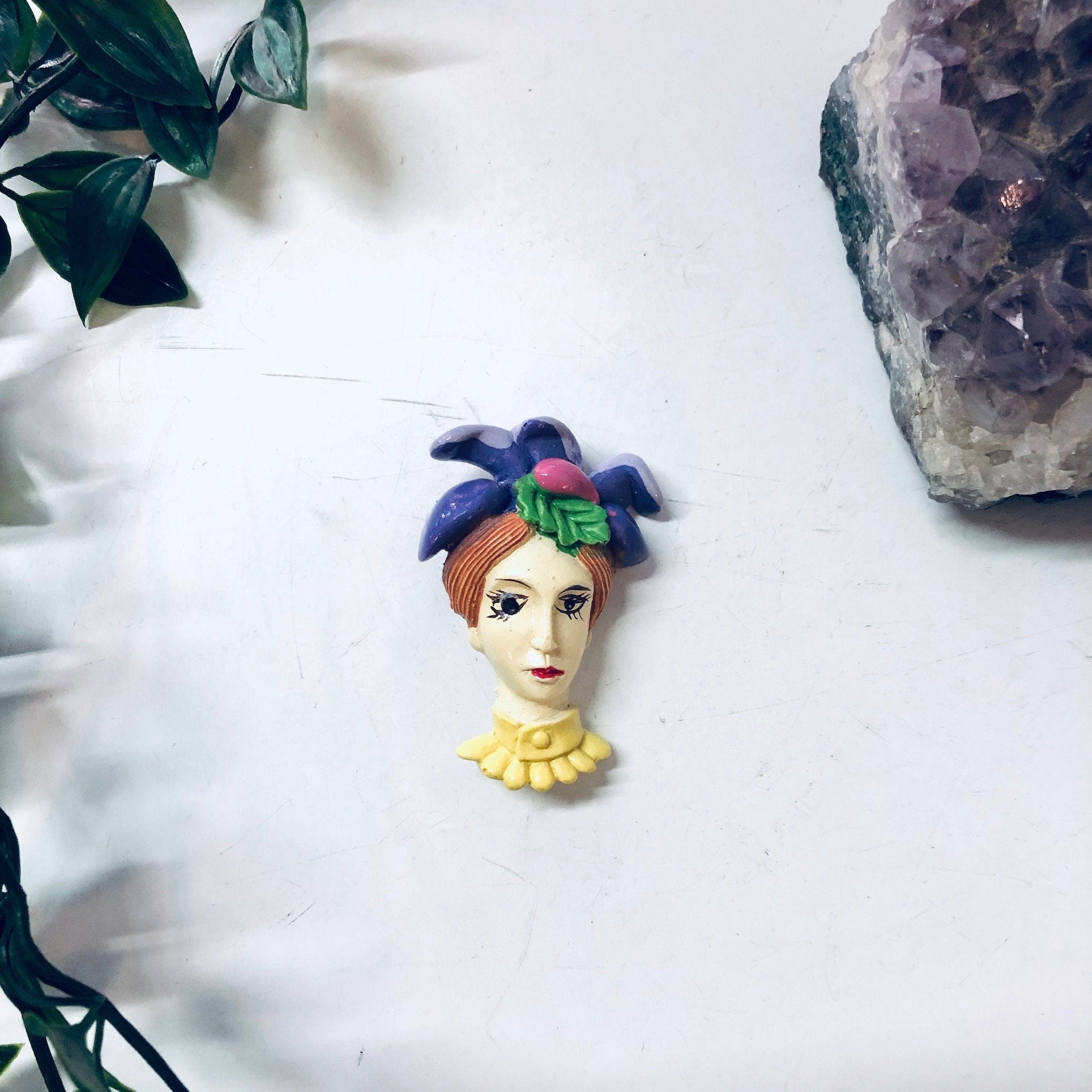 Vintage Brooch, Lady Face Brooch, Unique Jewelry, Vintage Jewelry, Vintage Pin, Purple Jewelry, Yellow Jewelry, Woman Face Pin, Unique Gift