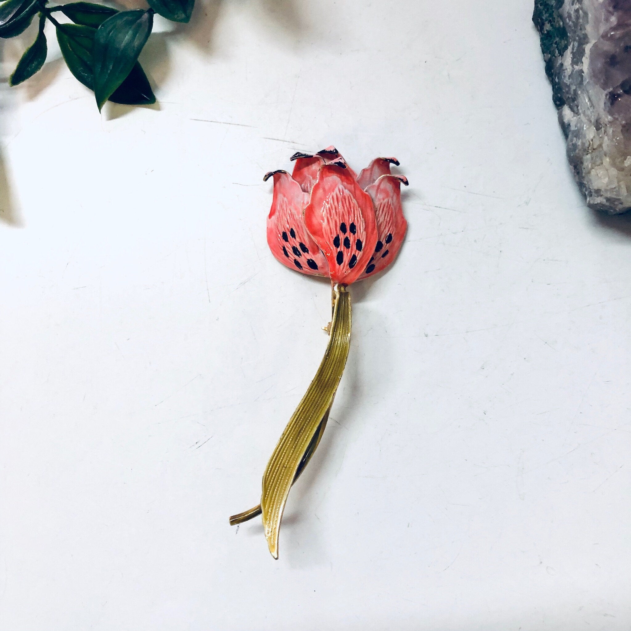 Vintage Flower Pin, Vintage Brooch, Pink Flower, Large Brooch, Vintage Jewelry, Long Brooch, Pink and Gold, Valentines Day Gift, Unique Pin