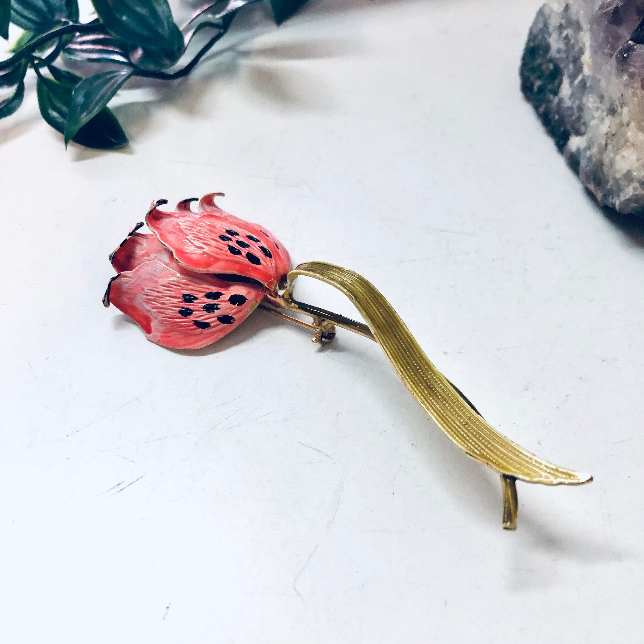 Vintage Flower Pin, Vintage Brooch, Pink Flower, Large Brooch, Vintage Jewelry, Long Brooch, Pink and Gold, Valentines Day Gift, Unique Pin