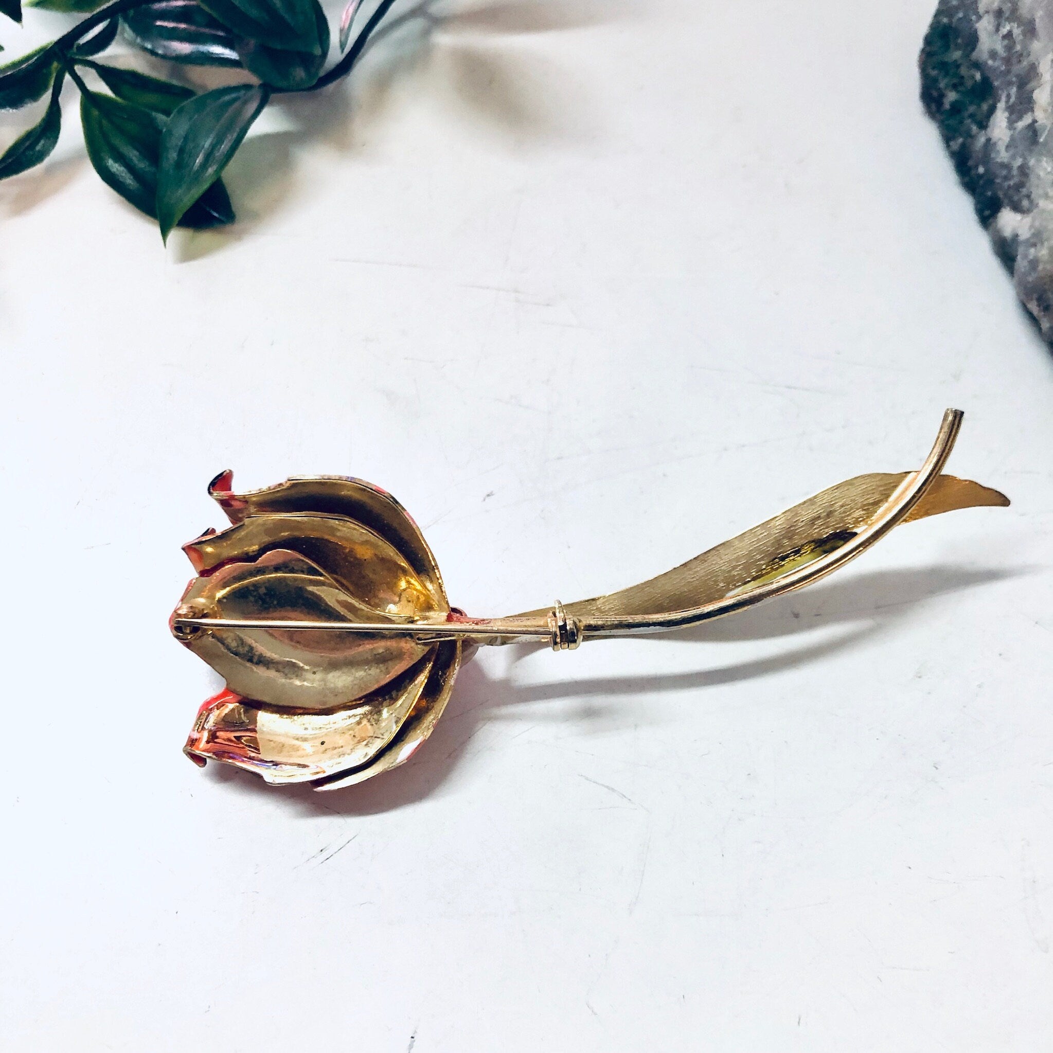 Vintage Flower Pin, Vintage Brooch, Pink Flower, Large Brooch, Vintage Jewelry, Long Brooch, Pink and Gold, Valentines Day Gift, Unique Pin