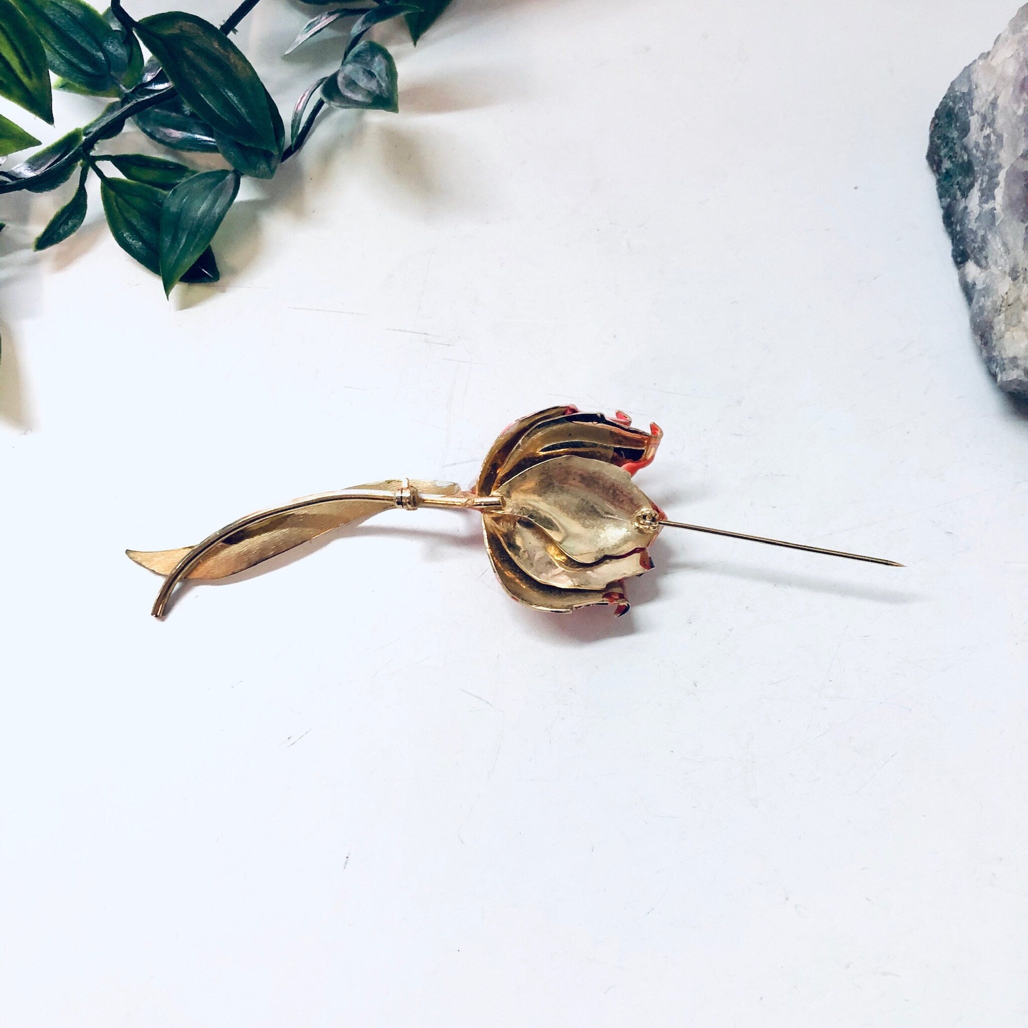 Vintage Flower Pin, Vintage Brooch, Pink Flower, Large Brooch, Vintage Jewelry, Long Brooch, Pink and Gold, Valentines Day Gift, Unique Pin