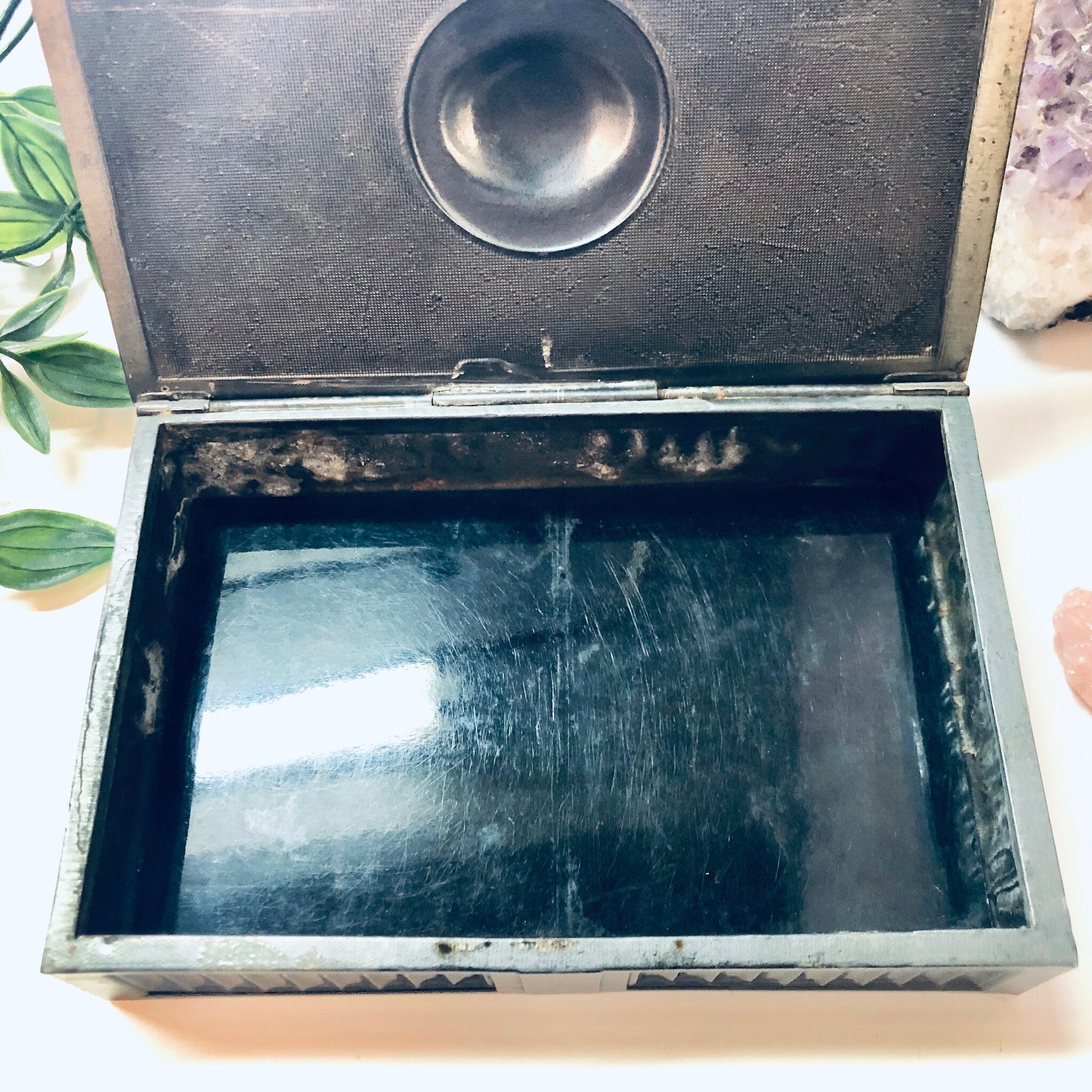 Vintage Jewelry Box, Trinket Box, Catch All Box, Concho Box, Medallion Box, Valentines Day Gift, Metal Box, Industrial Style, Gun Metal Box