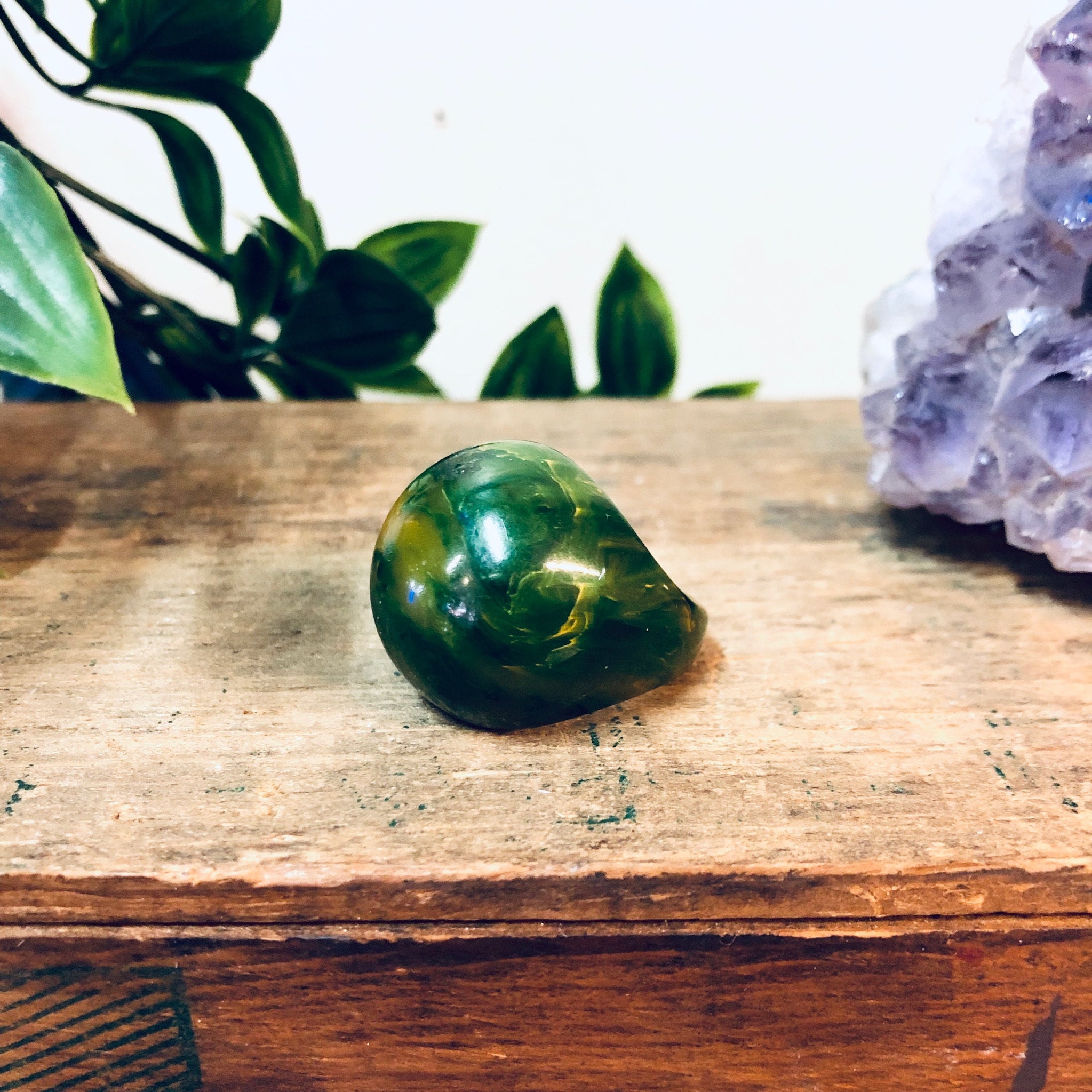 Green Plastic Ring, Retro Jewelry, Vintage Jewelry, Green and Yellow, Round Ring, Ball Ring, Valentines Day Gift, Green Marble, statement