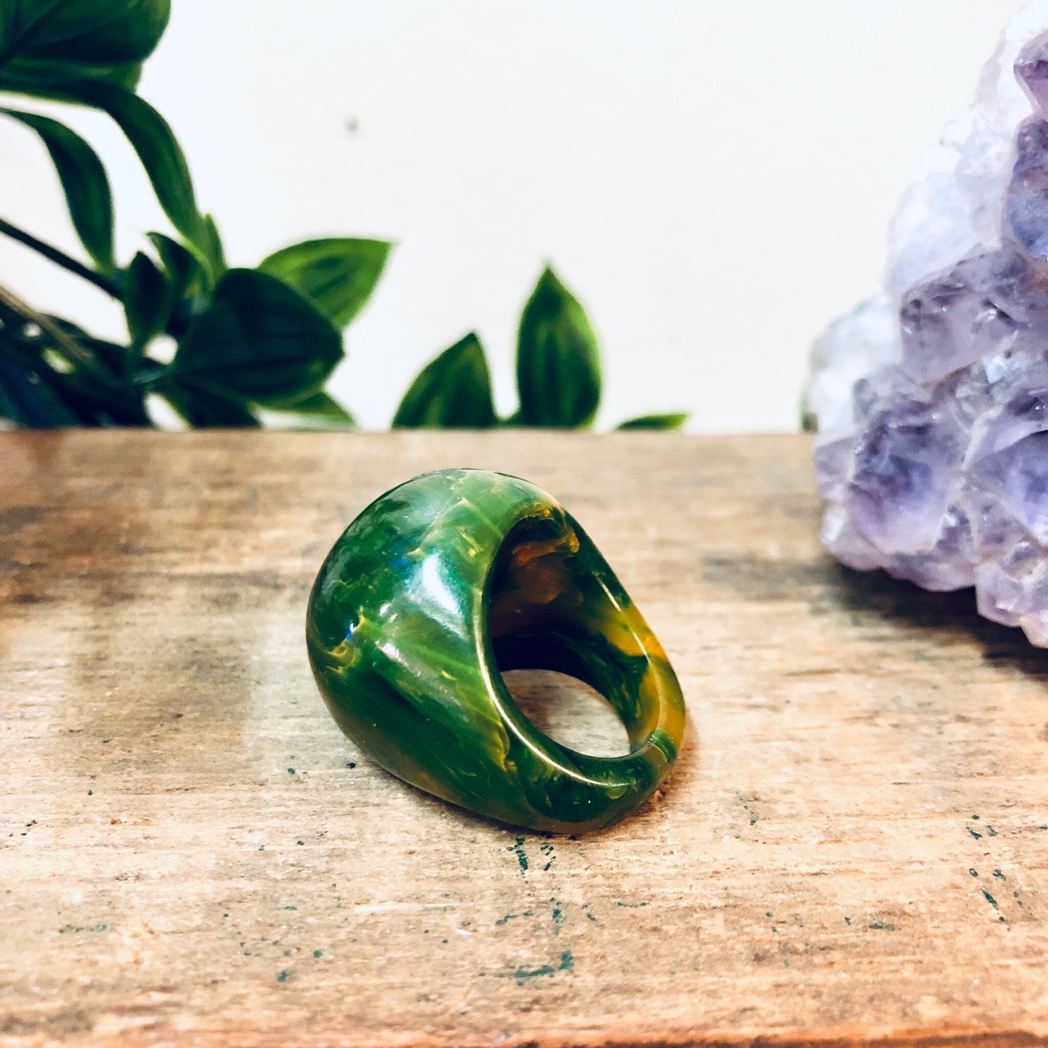 Green Plastic Ring, Retro Jewelry, Vintage Jewelry, Green and Yellow, Round Ring, Ball Ring, Valentines Day Gift, Green Marble, statement