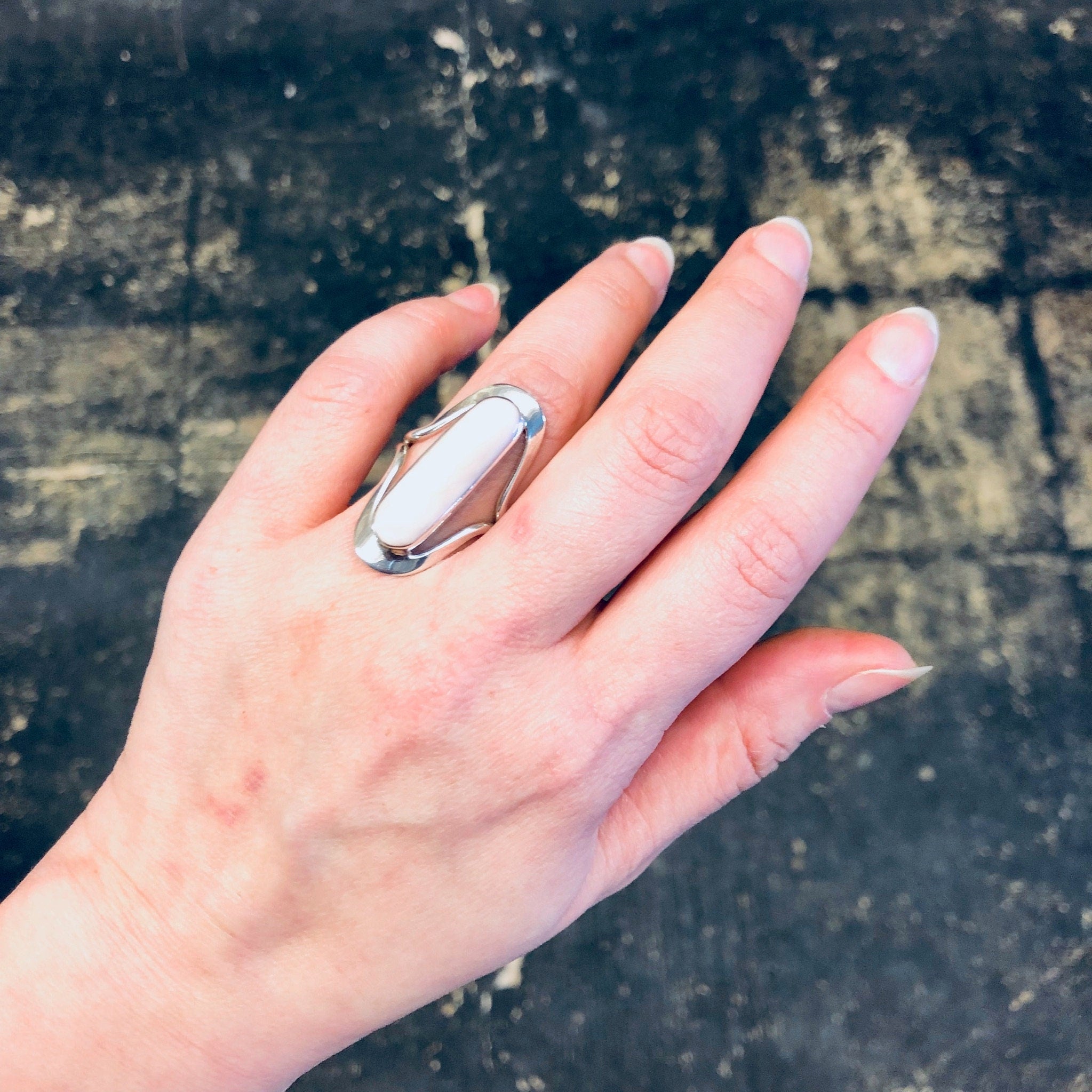 Vintage Silver Ring, Light Pink Ring, Vintage Jewelry, Silver and Pink, Valentines Day Gift, Statement Ring, Long Ring, Pink Swirl Ring, 925