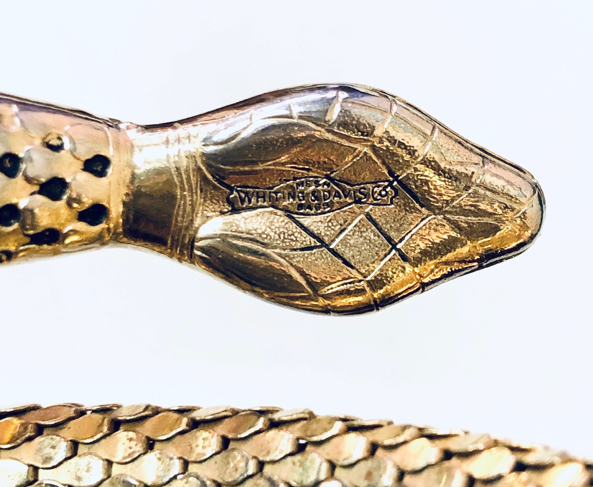 Vintage Snake Bracelet, Whiting and Davis Mesh, Gold Toned Bracelet, Coiled Snake, Vintage Jewelry, Snake Jewelry, Mesh Jewelry,