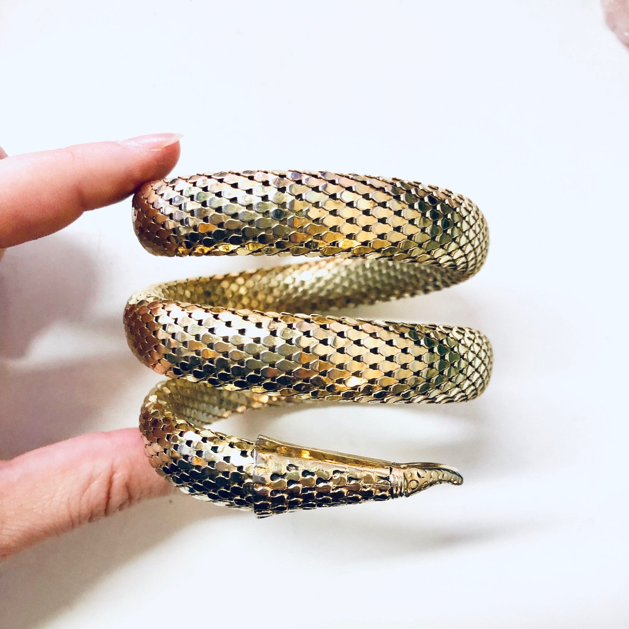 Vintage Snake Bracelet, Whiting and Davis Mesh, Gold Toned Bracelet, Coiled Snake, Vintage Jewelry, Snake Jewelry, Mesh Jewelry,