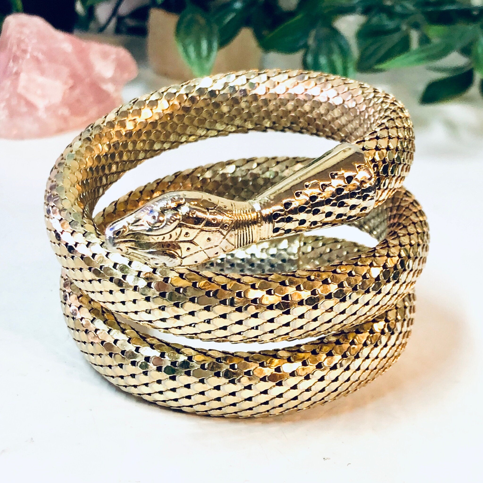 Vintage Snake Bracelet, Whiting and Davis Mesh, Gold Toned Bracelet, Coiled Snake, Vintage Jewelry, Snake Jewelry, Mesh Jewelry,