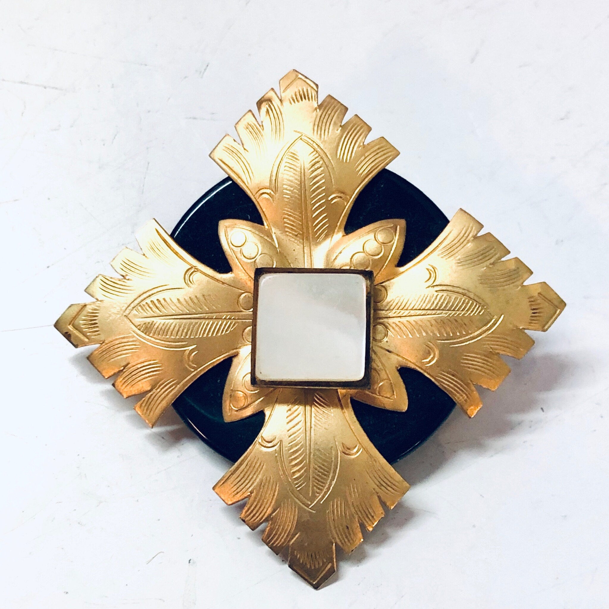 Vintage Brooch, Vintage Jewelry, Costume Jewelry, Gold Toned Jewelry, Black and Gold, Vintage Pin, Mother of Pearl, Statement Jewelry, Gold
