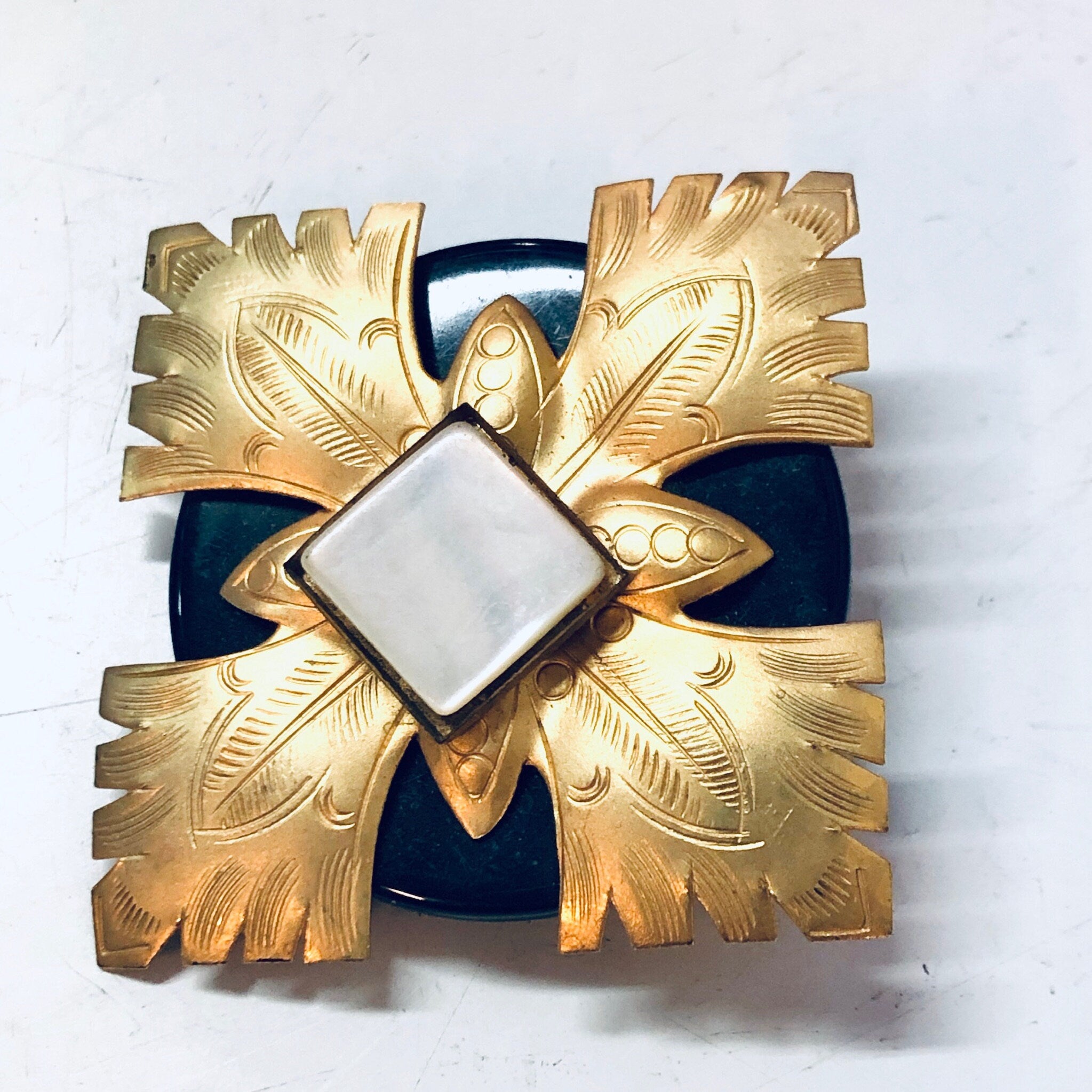 Vintage Brooch, Vintage Jewelry, Costume Jewelry, Gold Toned Jewelry, Black and Gold, Vintage Pin, Mother of Pearl, Statement Jewelry, Gold