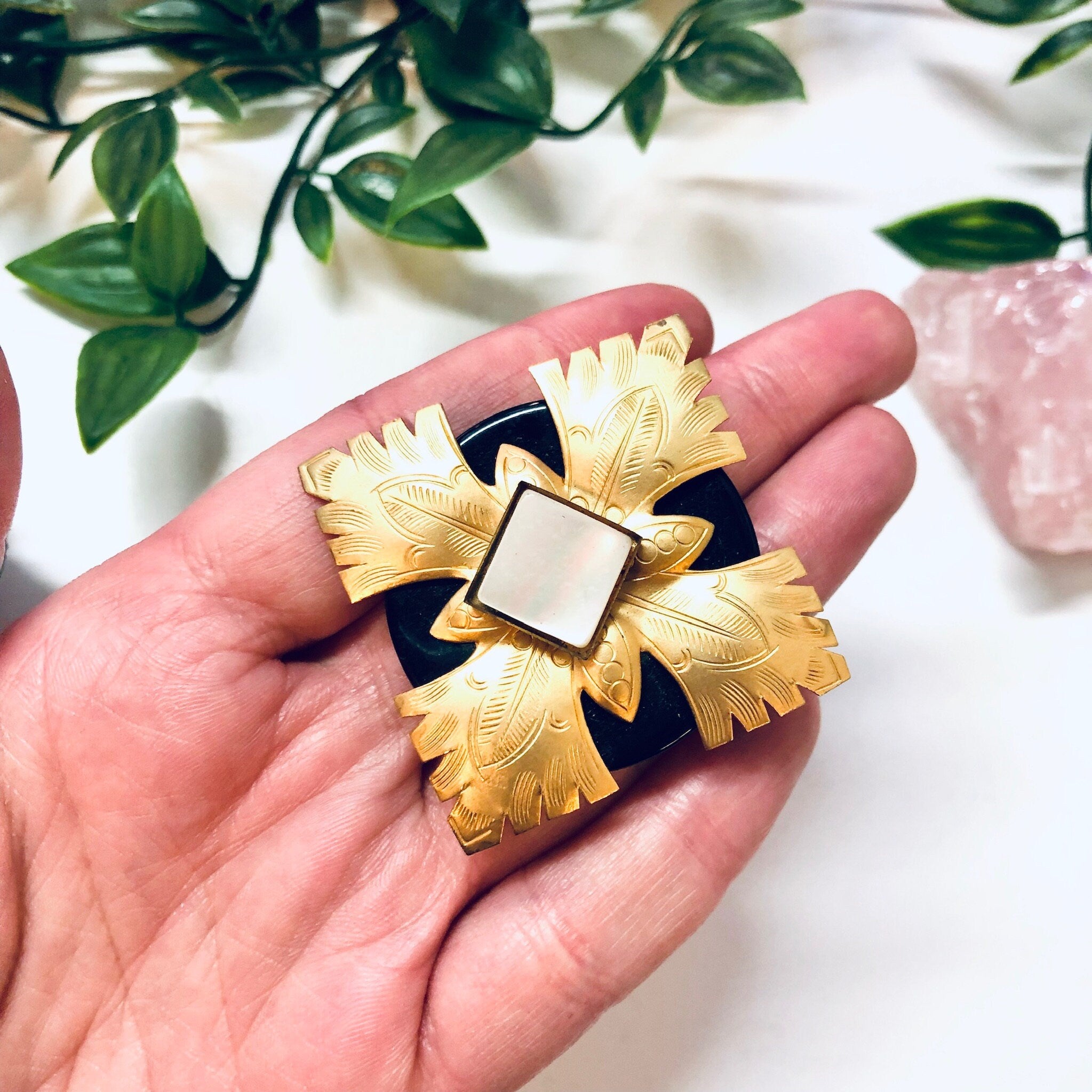 Vintage Brooch, Vintage Jewelry, Costume Jewelry, Gold Toned Jewelry, Black and Gold, Vintage Pin, Mother of Pearl, Statement Jewelry, Gold
