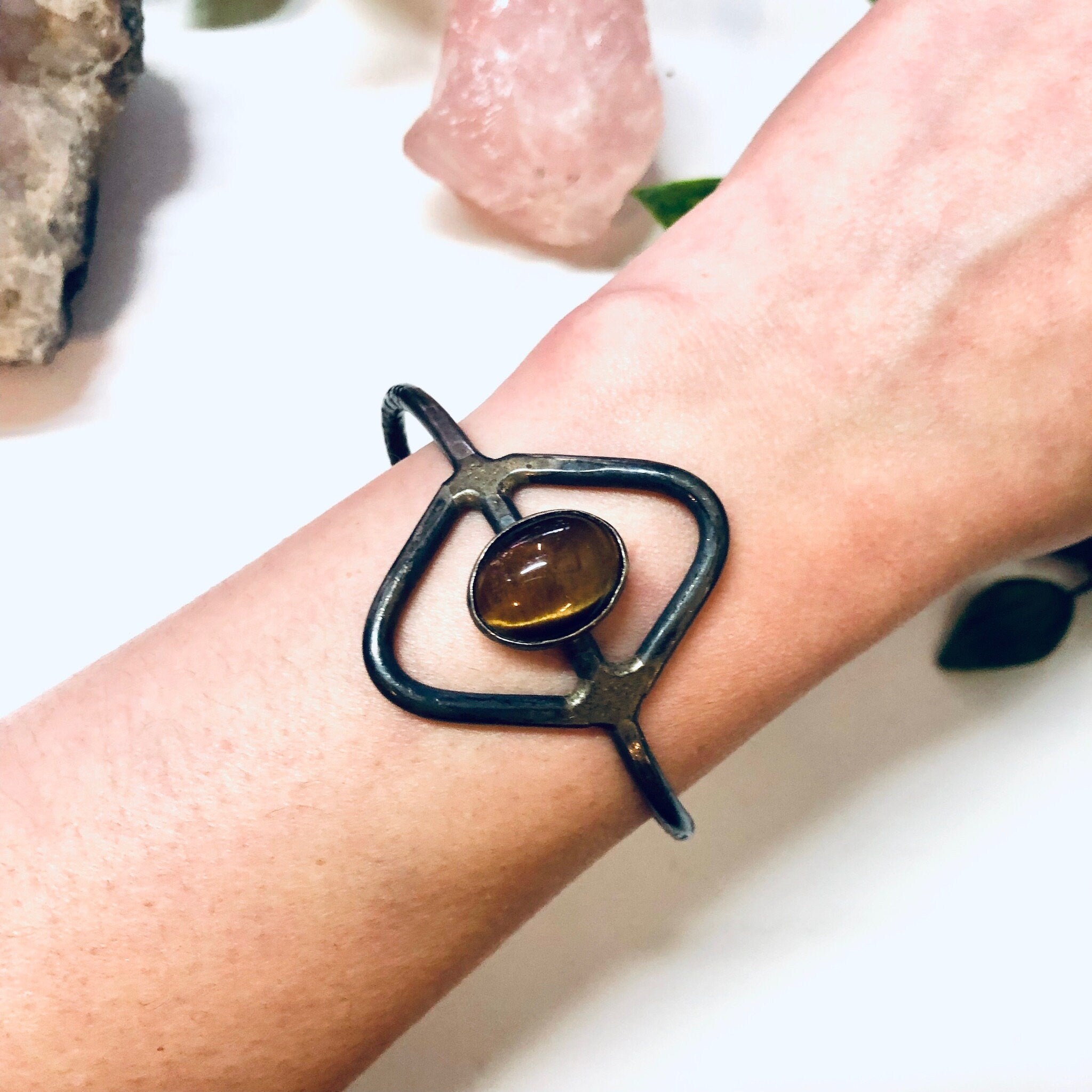 Vintage Silver Bracelet, Cuff Bracelet, Tigers Eye, Sterling Silver, Vintage Jewelry, Unique Jewelry, Cut out Design, Triangle Shape , Brown