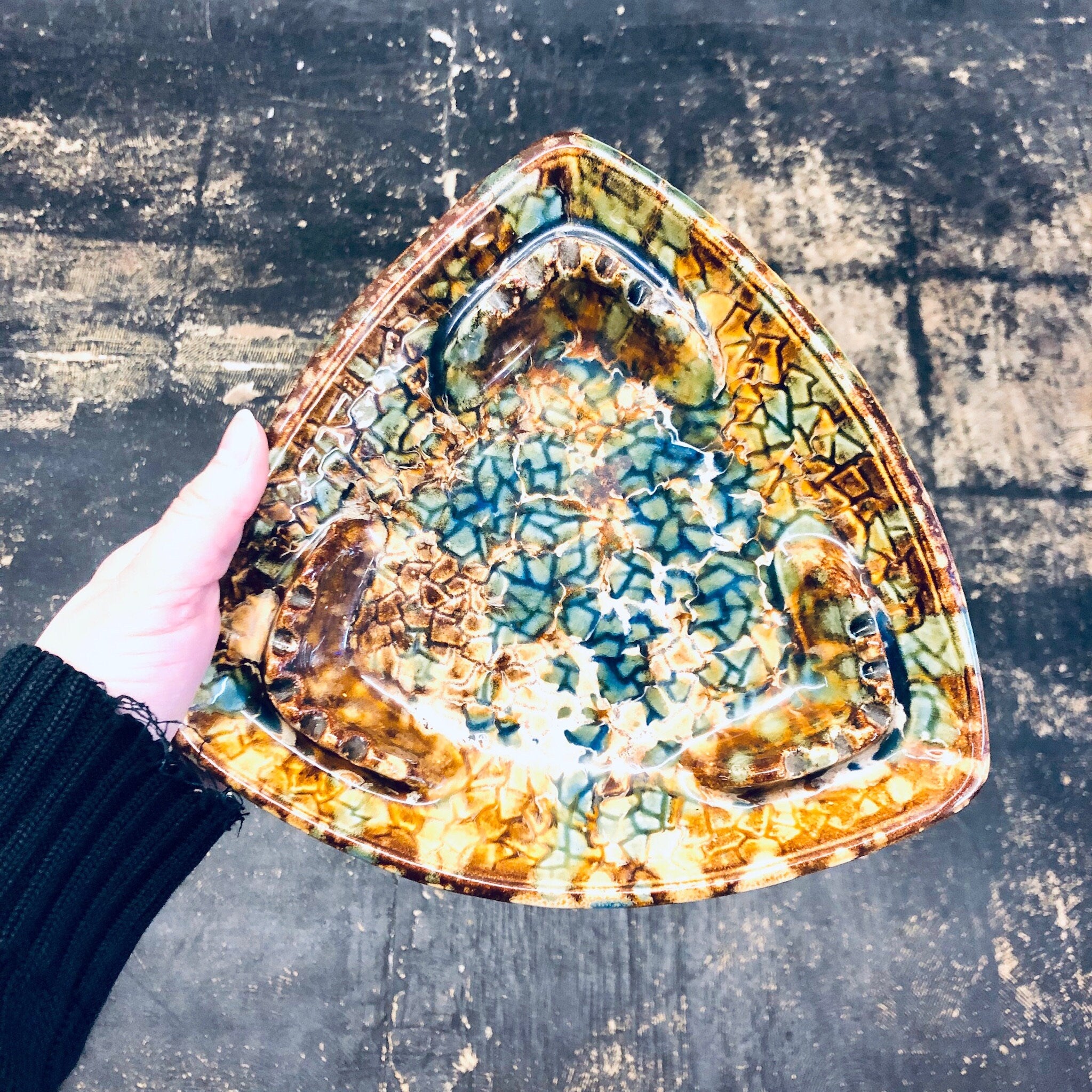 Vintage Ashtray, Catch All Dish, Ring Dish, 1970s Style, Vintage Home Decor, Ceramic Decor, Crackled Paint Design, Blue, Green, White, Brown
