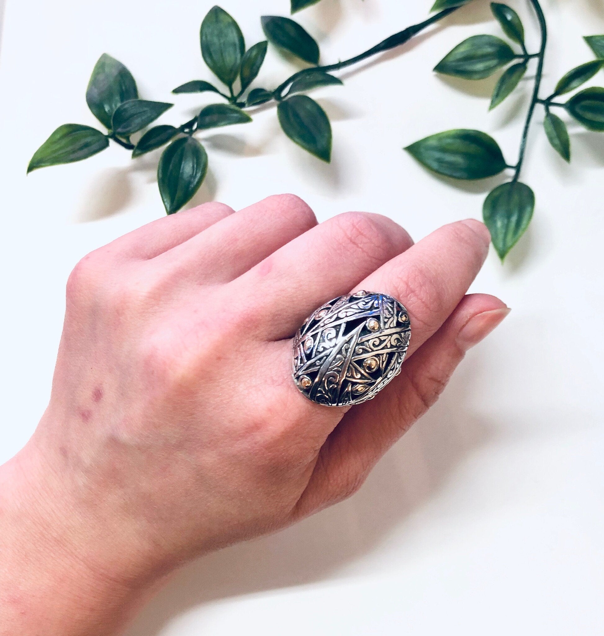 Vintage Silver Ring, Gold Accent Ring, Silver and Gold, 18K Gold Accent, Large Ring, Statement Jewelry, Vintage Jewelry, Anniversary Gift