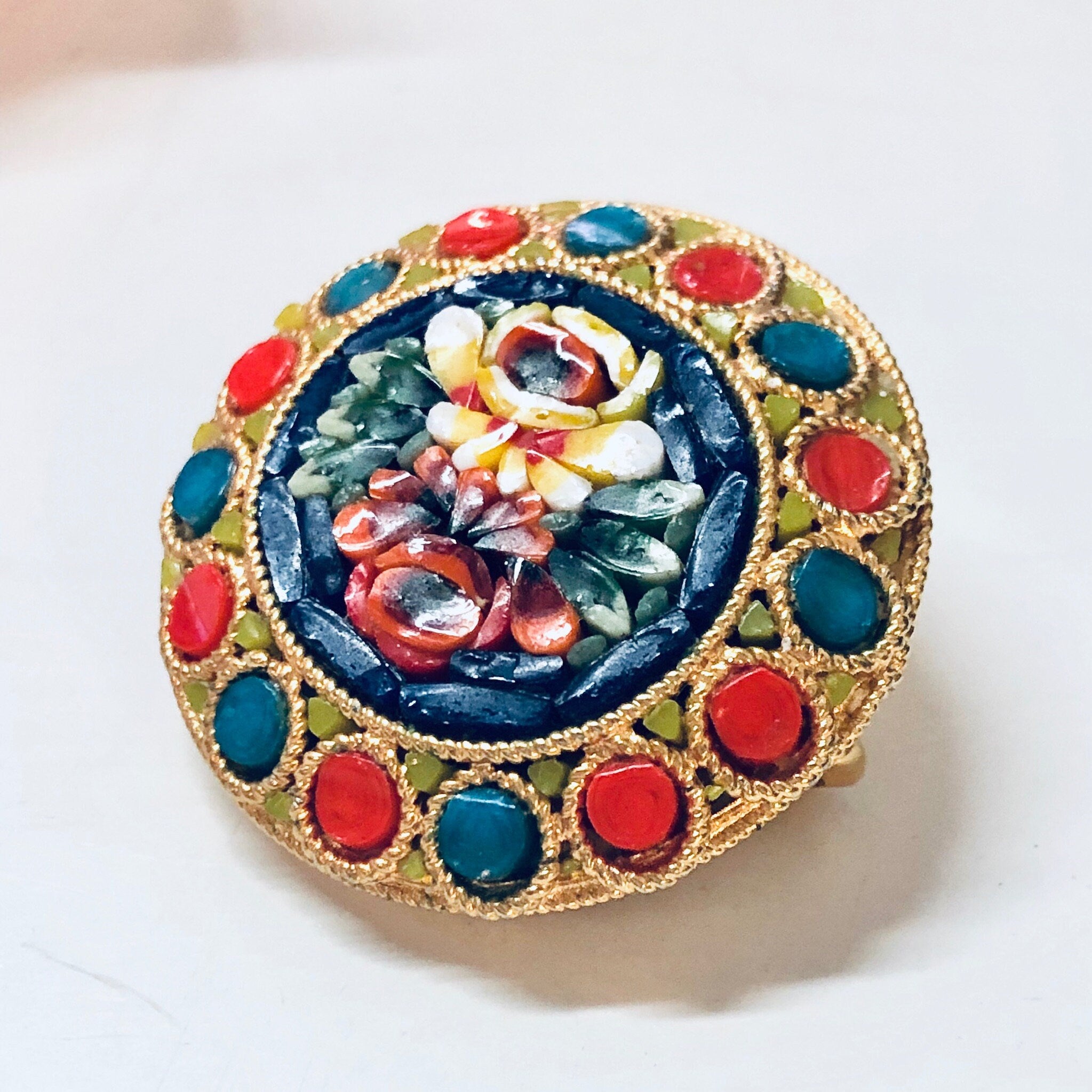 Vintage Millefiori Pin, Vintage Brooch, Mosaic Jewelry, Gold Toned Pin, Vintage Jewelry, Round Brooch, Floral Jewelry, Orange, Blue, Purple