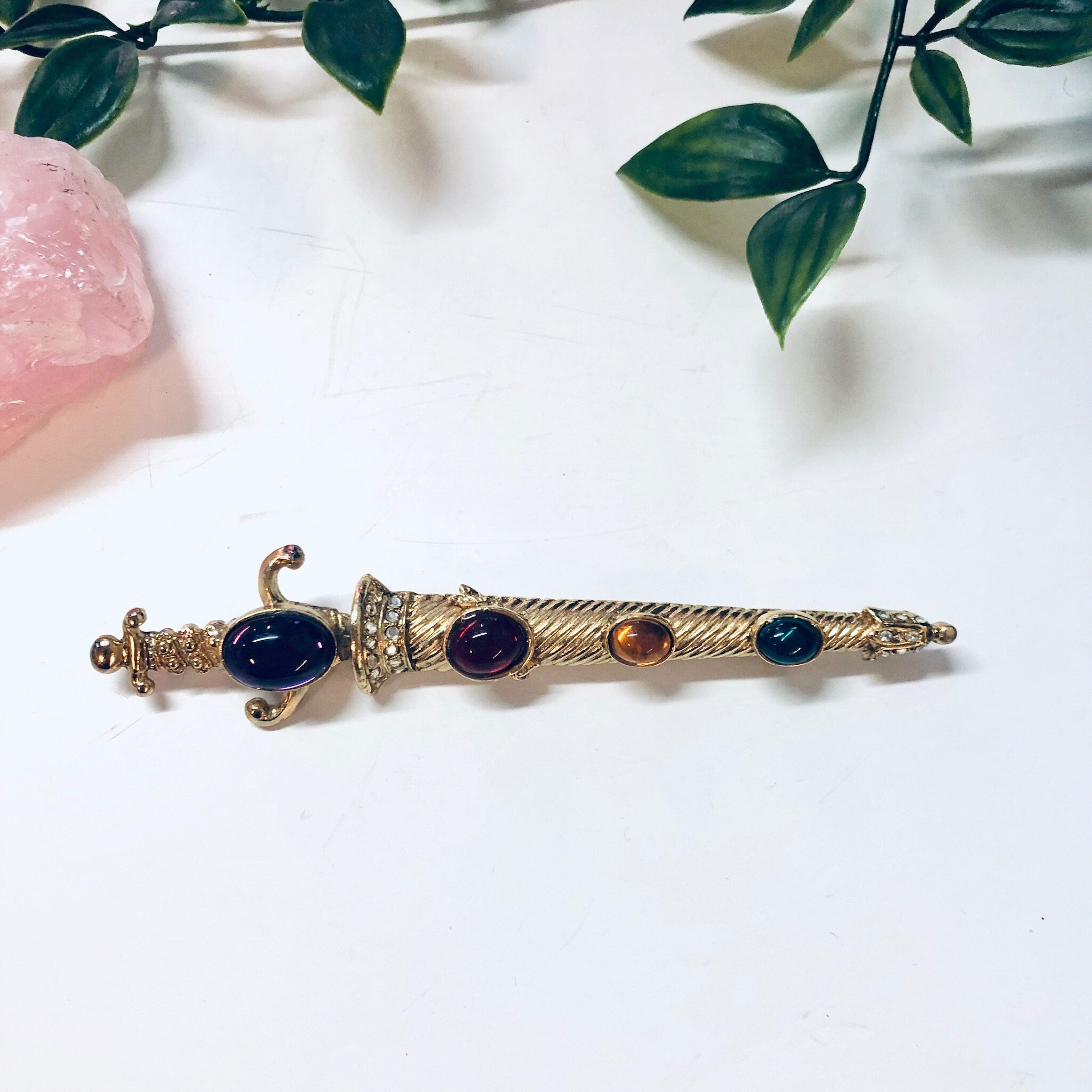 Vintage Dagger Brooch, Gold Toned Brooch, Gemstone Jewelry, Large Brooch, Sword Brooch, Purple, Red, Yellow, Green Gemstones, Dagger Jewelry