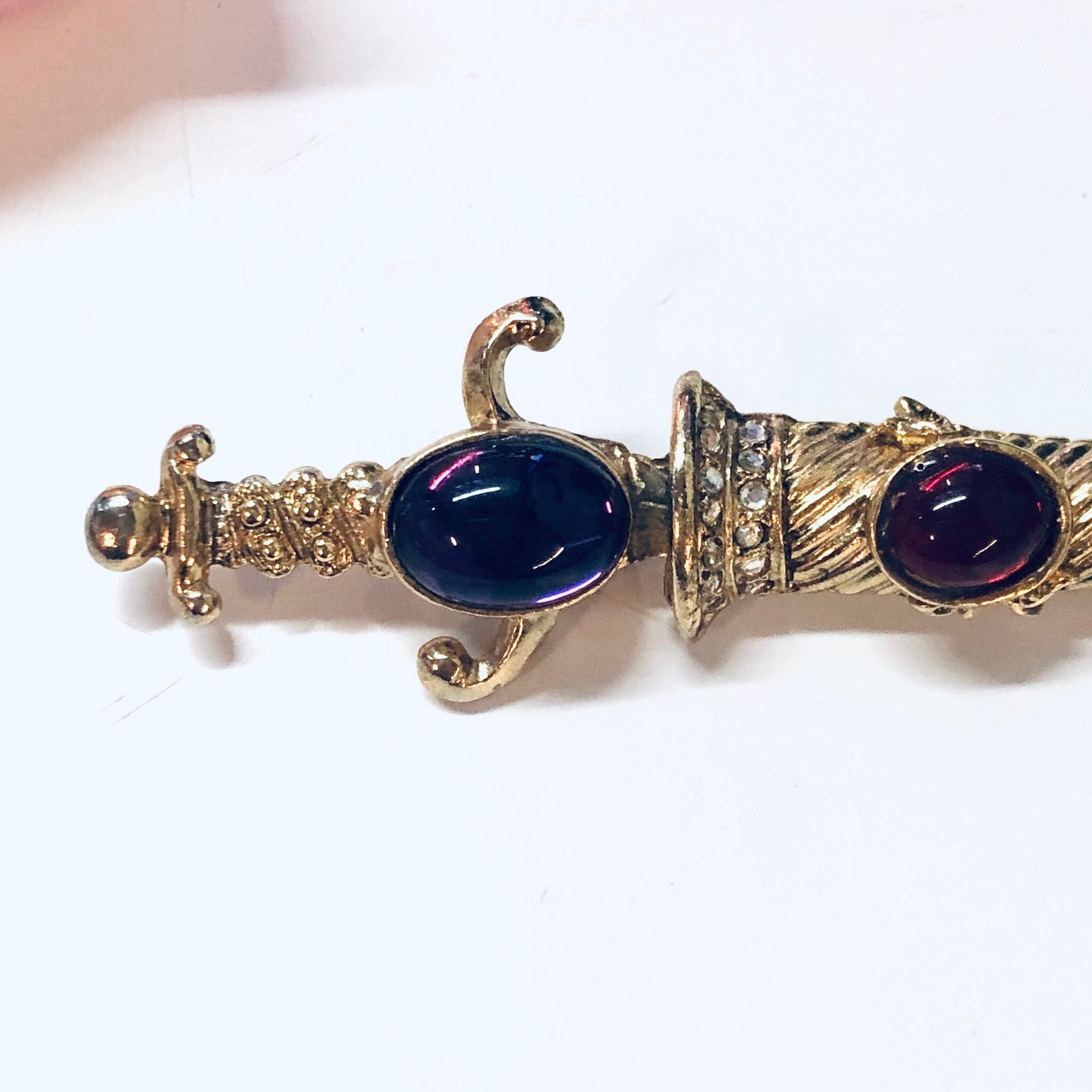 Vintage Dagger Brooch, Gold Toned Brooch, Gemstone Jewelry, Large Brooch, Sword Brooch, Purple, Red, Yellow, Green Gemstones, Dagger Jewelry