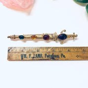 Vintage Dagger Brooch, Gold Toned Brooch, Gemstone Jewelry, Large Brooch, Sword Brooch, Purple, Red, Yellow, Green Gemstones, Dagger Jewelry