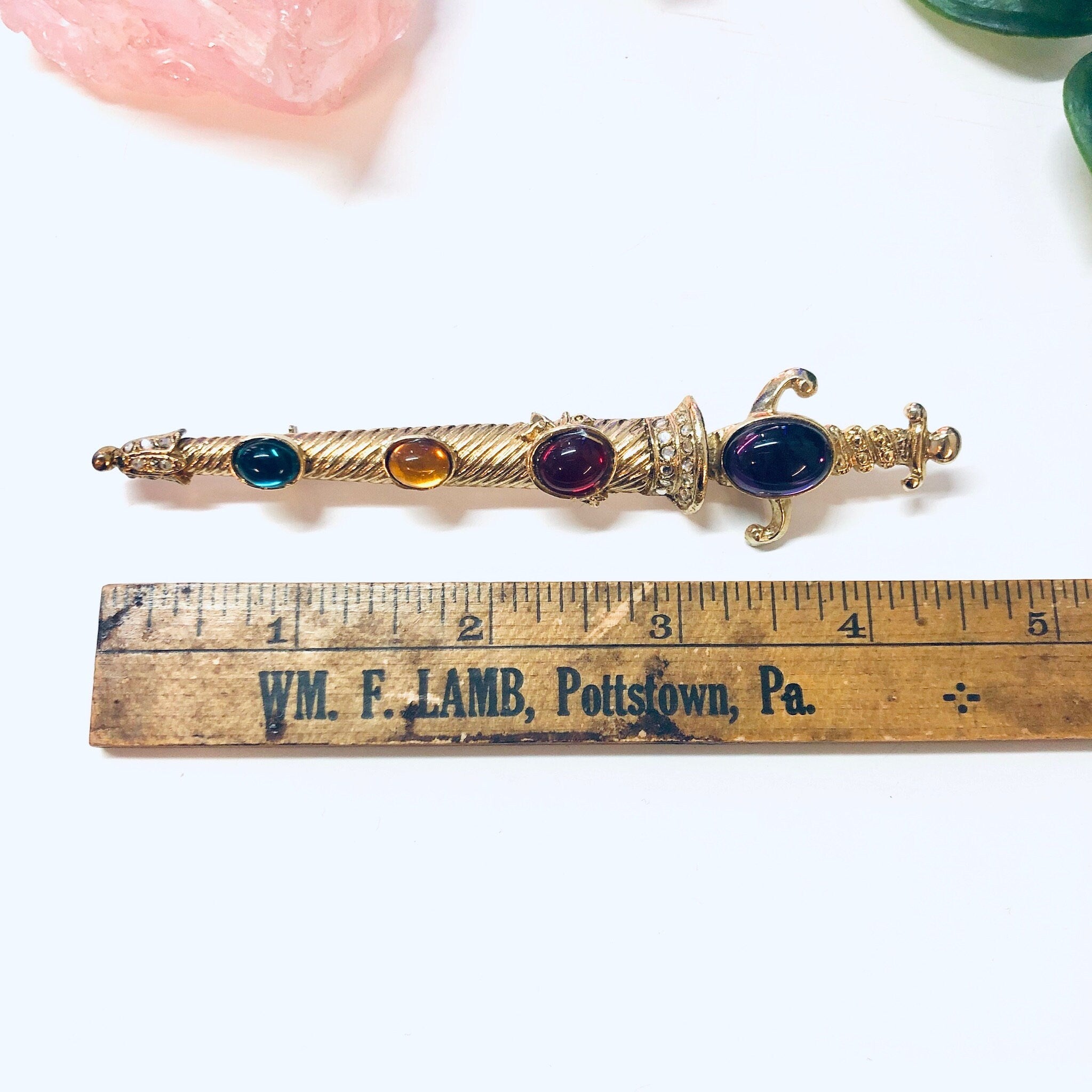 Vintage Dagger Brooch, Gold Toned Brooch, Gemstone Jewelry, Large Brooch, Sword Brooch, Purple, Red, Yellow, Green Gemstones, Dagger Jewelry