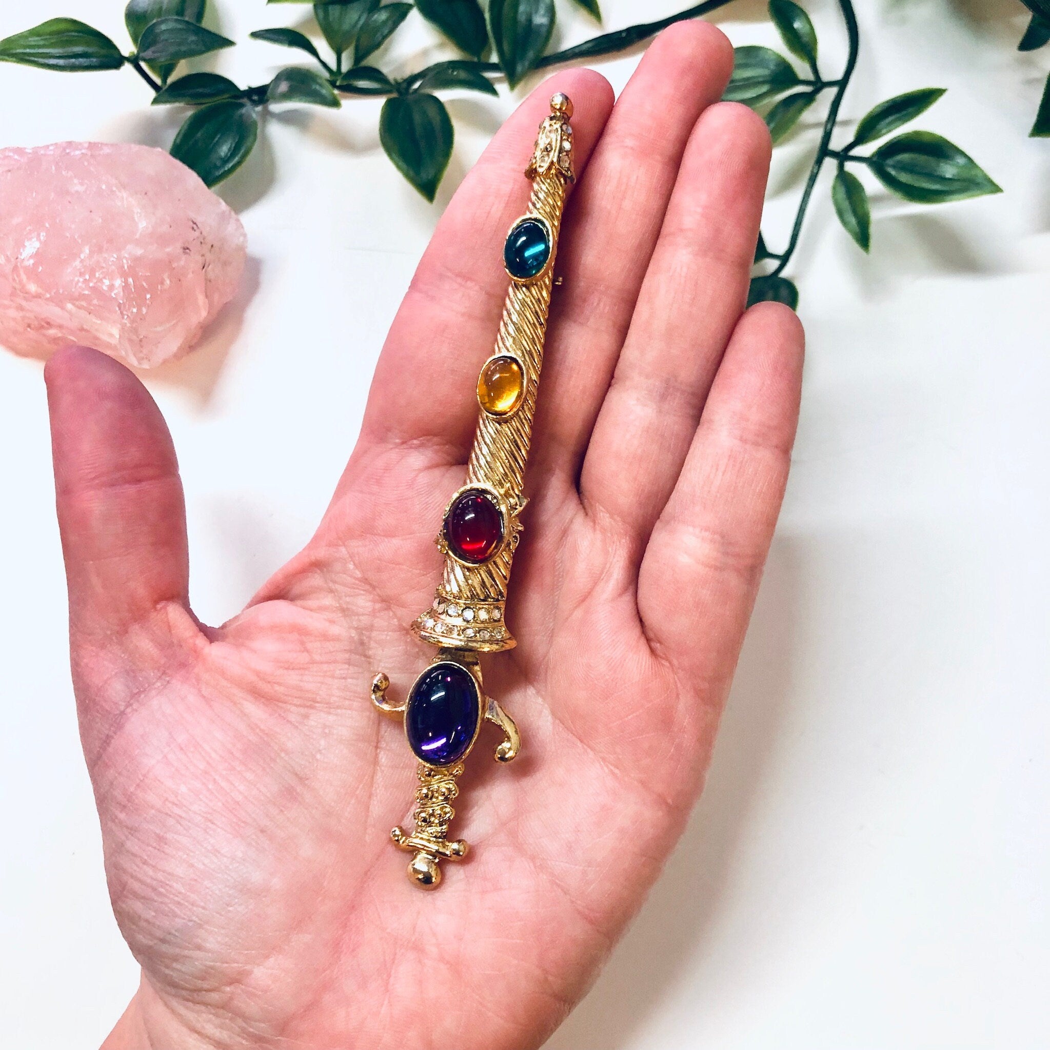 Vintage Dagger Brooch, Gold Toned Brooch, Gemstone Jewelry, Large Brooch, Sword Brooch, Purple, Red, Yellow, Green Gemstones, Dagger Jewelry