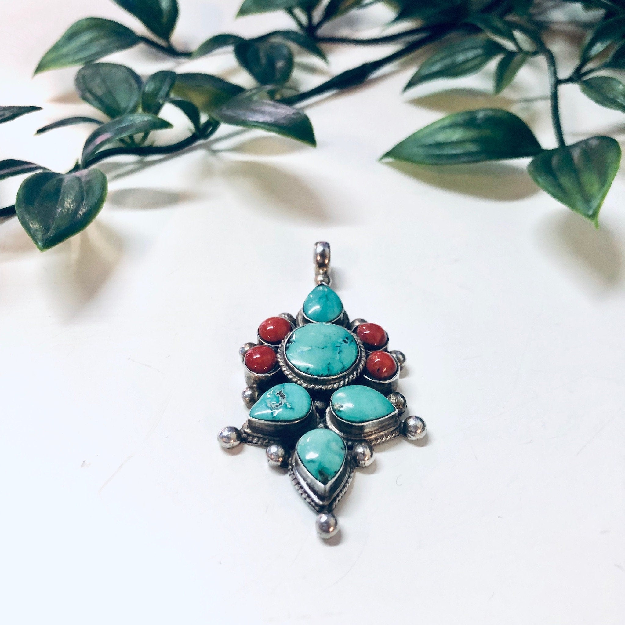 Vintage Silver Pendant, Southwestern Style, Turquoise Pendant, Coral Pendant, Unique Jewelry, Vintage Jewelry, Pendant Necklace, Blue, 925