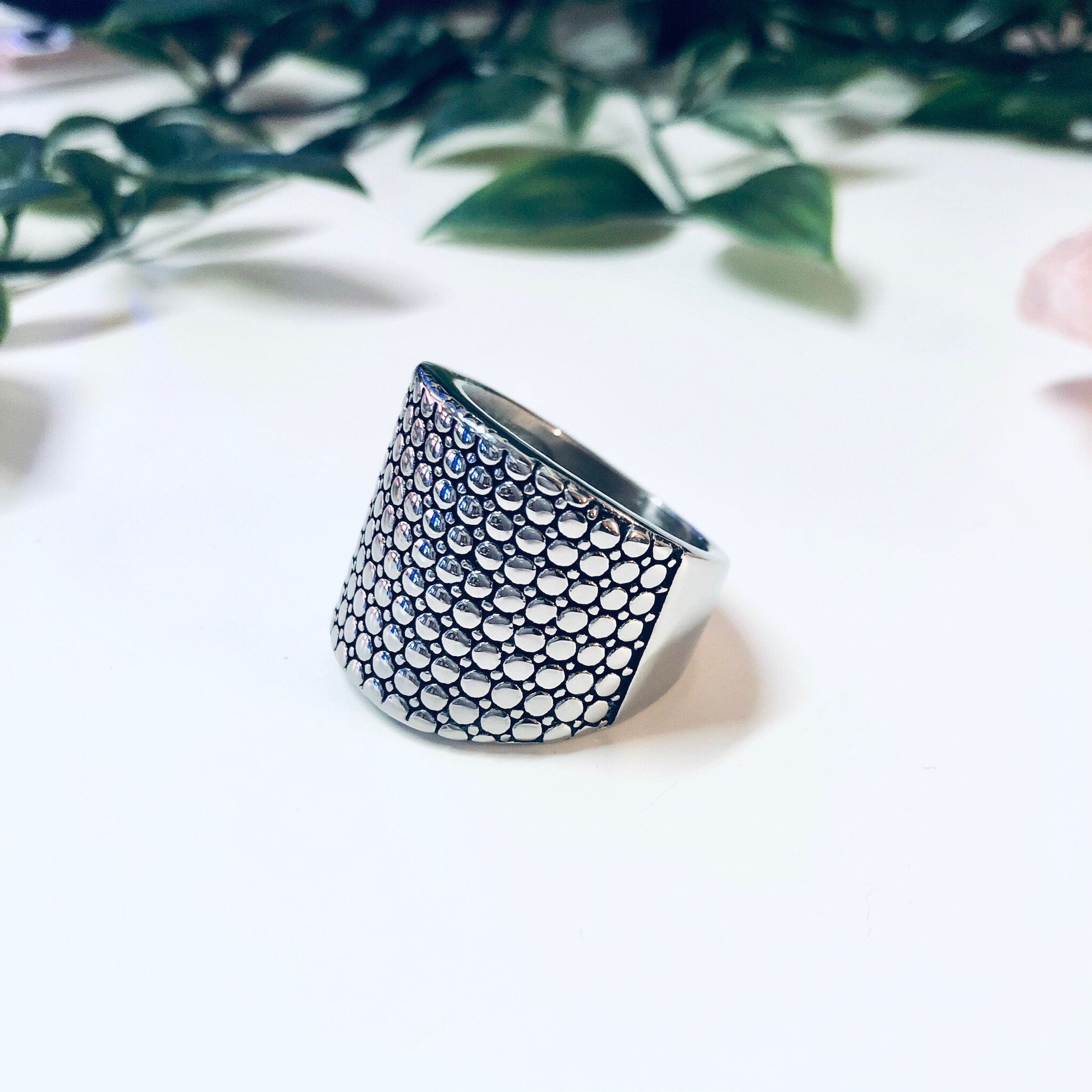 Vintage Ring, Stainless Steel Ring, Statement Jewelry, Large Ring, Stainless Steel Jewelry, Polka Dot Pattern, Unique Jewelry, Minimalist