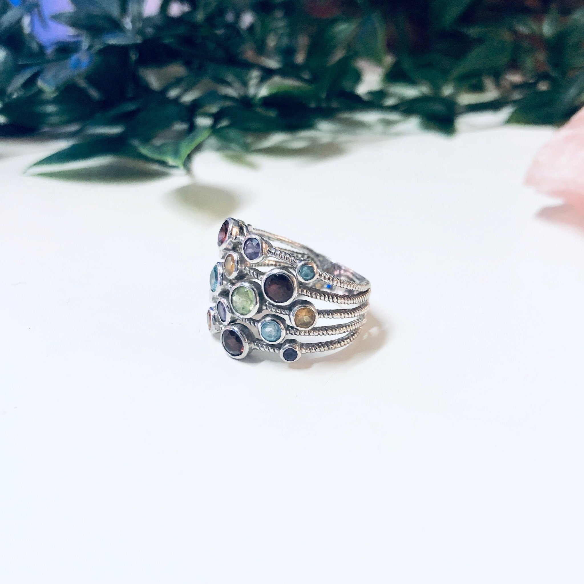 Vintage Silver Ring, Multi Band Ring, Multi Gem Ring, Statement Jewelry, Large Ring, 925 Ring, Purple, Blue, Red, Green, Yellow Gemstones,