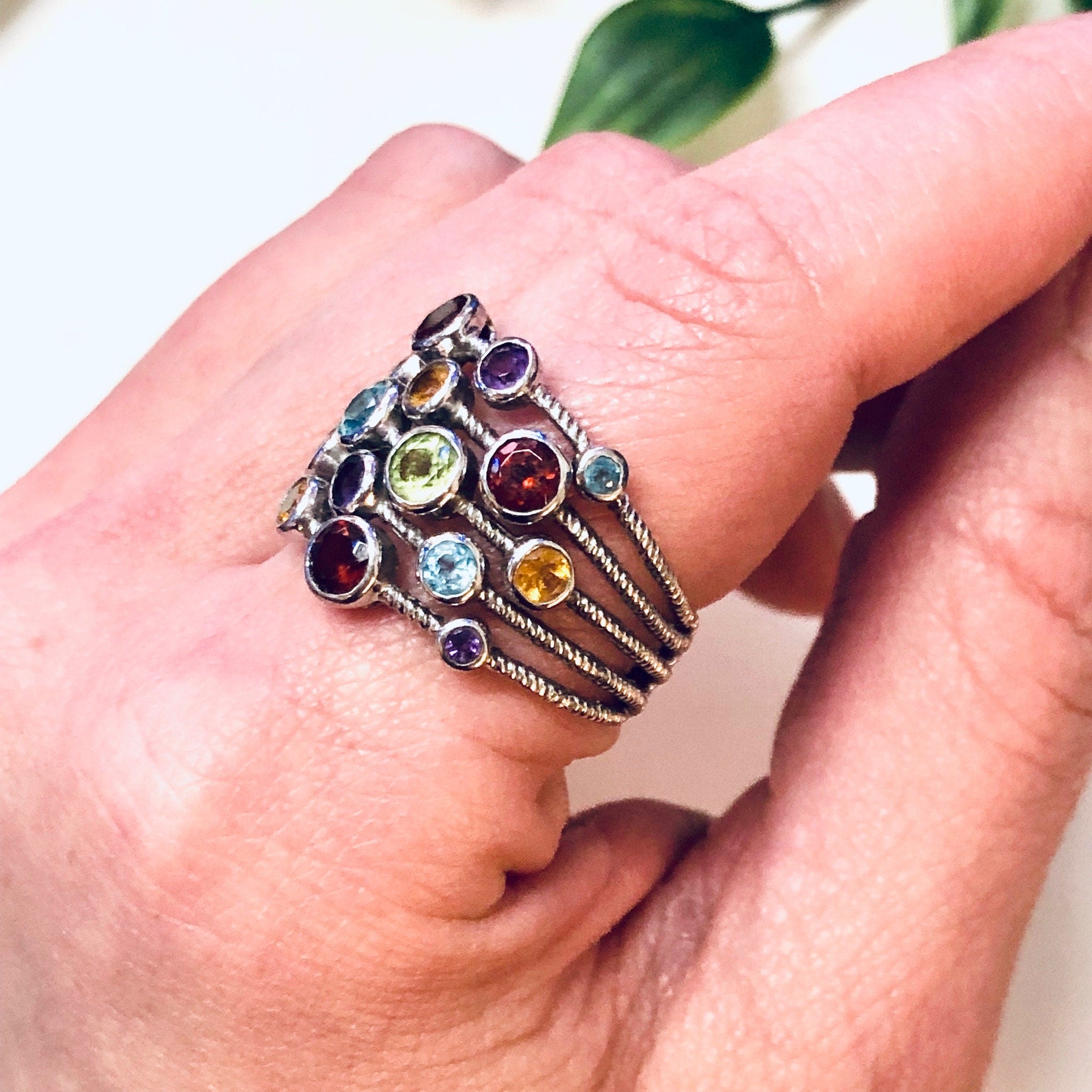 Vintage Silver Ring, Multi Band Ring, Multi Gem Ring, Statement Jewelry, Large Ring, 925 Ring, Purple, Blue, Red, Green, Yellow Gemstones,