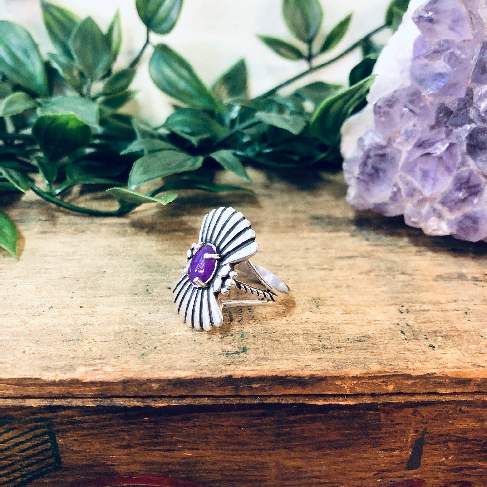 Vintage Silver Ring, Unique Jewelry, Purple Gemstone, Silver and Purple, Pink Gemstone, Fan Design Ring, Statement Jewelry, Boho Style, 925