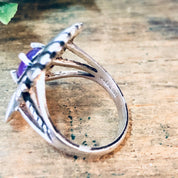 Vintage Silver Ring, Unique Jewelry, Purple Gemstone, Silver and Purple, Pink Gemstone, Fan Design Ring, Statement Jewelry, Boho Style, 925