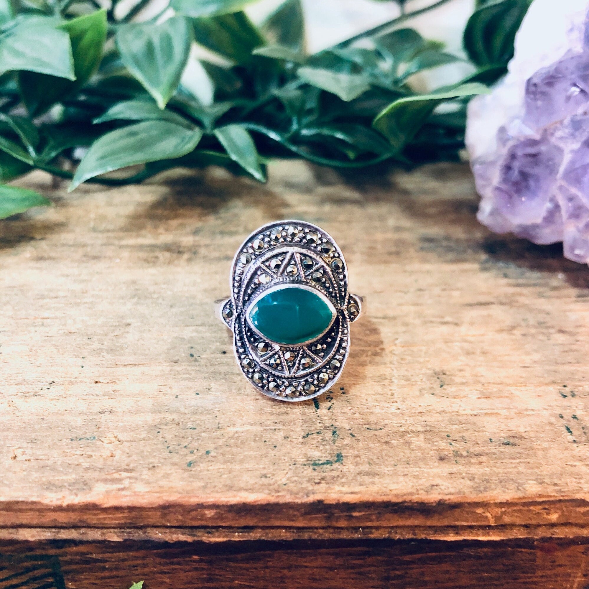 Vintage Silver Ring, Unique Jewelry, Vintage Jewelry, Marcasite Ring, Green Stone, Green and Silver, Marcasite Jewelry, Statement Ring, 925
