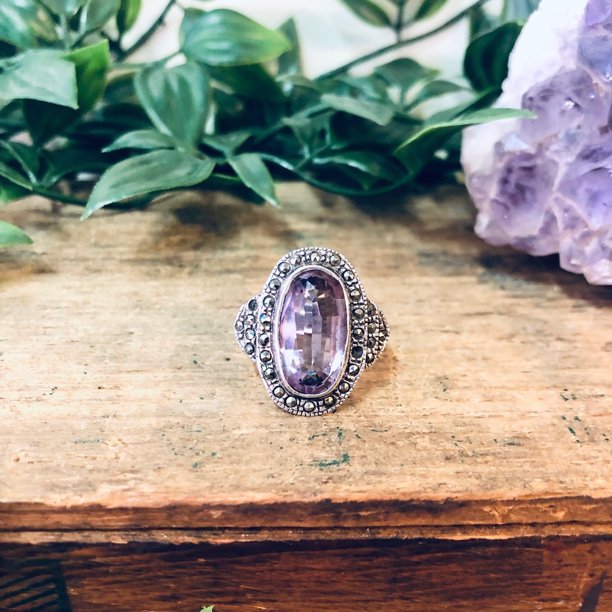 Vintage Silver Ring, Pink Gemstone, Marcasite Ring, Purple Gemstone, Vintage Jewelry, Statement Ring, Silver and Pink, Pink Jewelry, 925