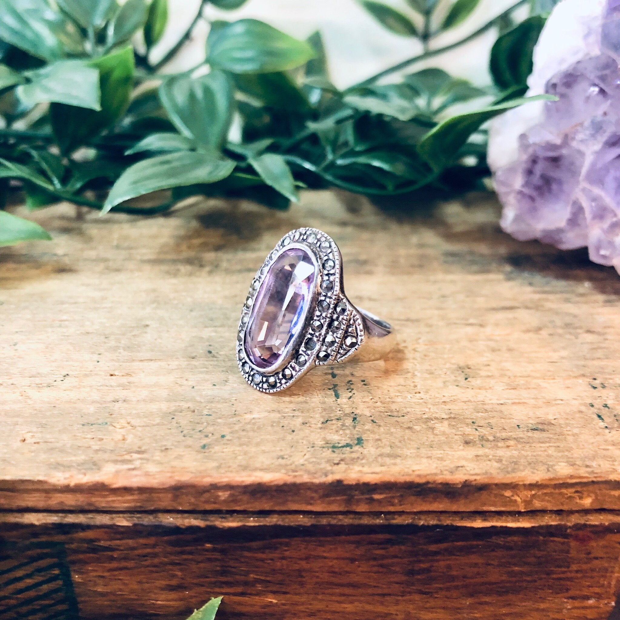 Vintage Silver Ring, Pink Gemstone, Marcasite Ring, Purple Gemstone, Vintage Jewelry, Statement Ring, Silver and Pink, Pink Jewelry, 925