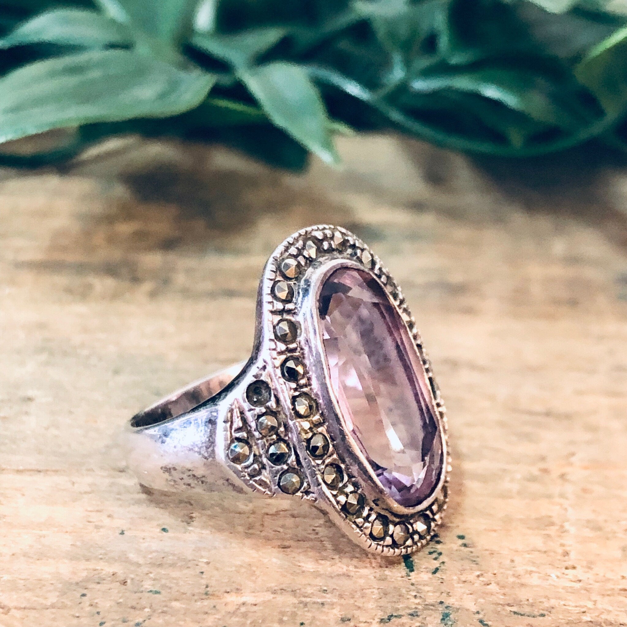 Vintage Silver Ring, Pink Gemstone, Marcasite Ring, Purple Gemstone, Vintage Jewelry, Statement Ring, Silver and Pink, Pink Jewelry, 925