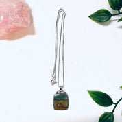 Vintage Necklace, Pendant on Chain, Silver Pendant, Silver Box Chain, Vintage Jewelry, Green Pendant, Brown Jewelry, Unique Jewelry, Simple