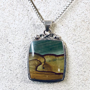 Vintage Necklace, Pendant on Chain, Silver Pendant, Silver Box Chain, Vintage Jewelry, Green Pendant, Brown Jewelry, Unique Jewelry, Simple