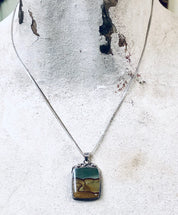 Vintage Necklace, Pendant on Chain, Silver Pendant, Silver Box Chain, Vintage Jewelry, Green Pendant, Brown Jewelry, Unique Jewelry, Simple