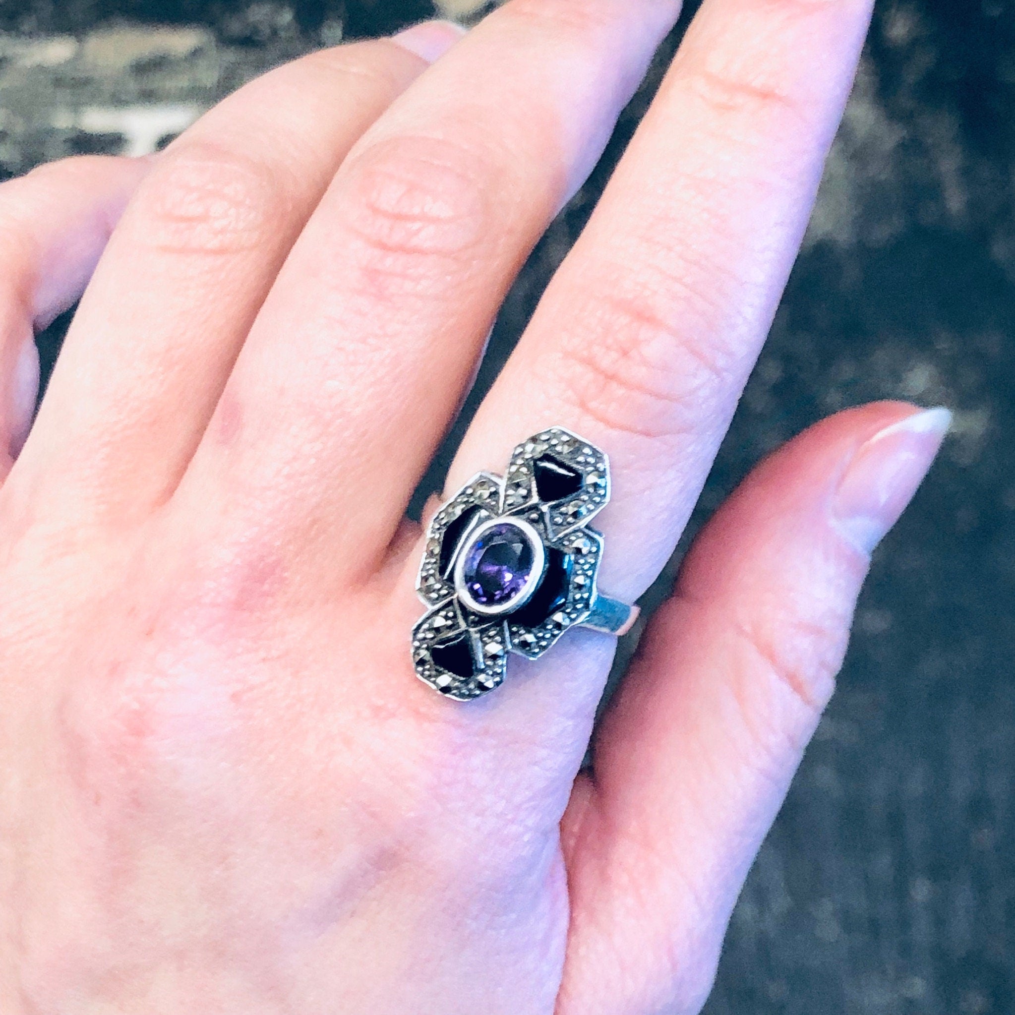 Vintage Silver Ring, Amethyst Ring, Black Onyx Ring, Marcasite Jewelry, Vintage Jewelry, Statement Jewelry, Purple Jewelry, Black, Silver