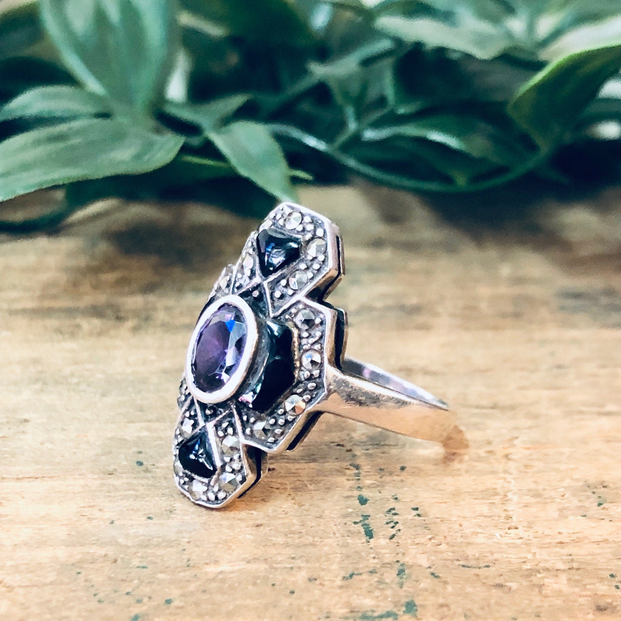 Vintage Silver Ring, Amethyst Ring, Black Onyx Ring, Marcasite Jewelry, Vintage Jewelry, Statement Jewelry, Purple Jewelry, Black, Silver