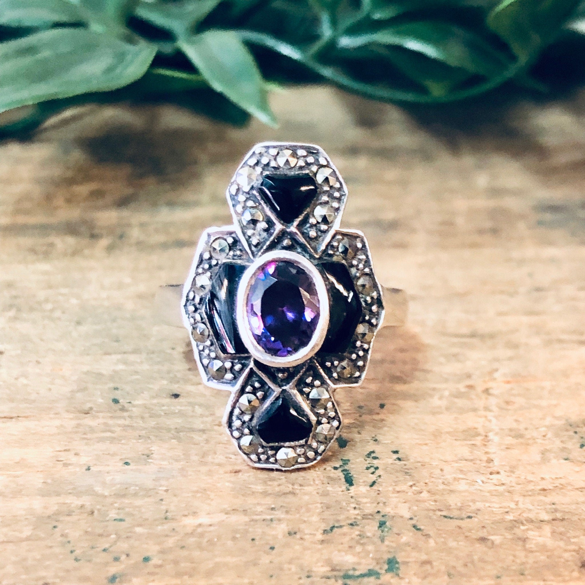 Vintage Silver Ring, Amethyst Ring, Black Onyx Ring, Marcasite Jewelry, Vintage Jewelry, Statement Jewelry, Purple Jewelry, Black, Silver