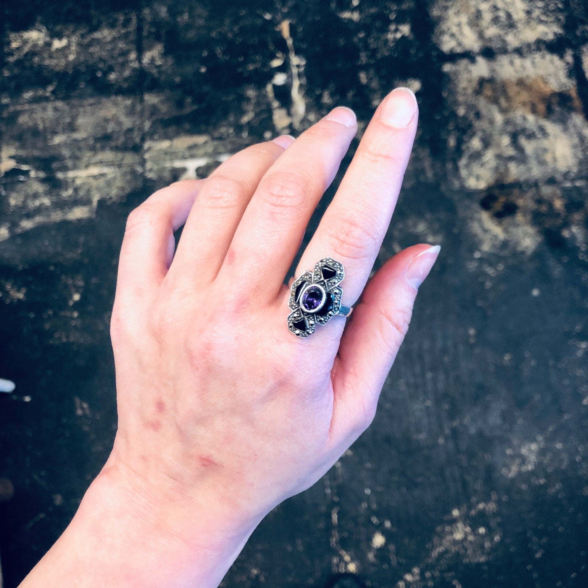Vintage Silver Ring, Amethyst Ring, Black Onyx Ring, Marcasite Jewelry, Vintage Jewelry, Statement Jewelry, Purple Jewelry, Black, Silver